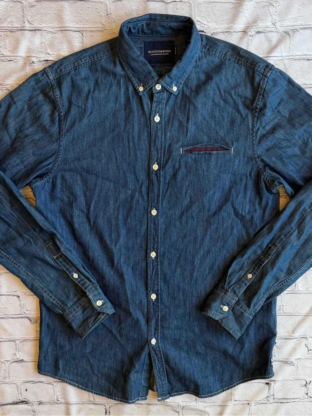 Scotch & Soda Men’s Long Sleeve Button-Down Denim Shirt Blauw EUC Size Large - Picture 6 of 16